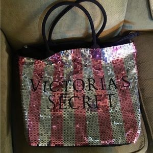 Victoria's Secret  Silver/Pink Sequin Weekender Shopping Travel Tote Large CLEAN